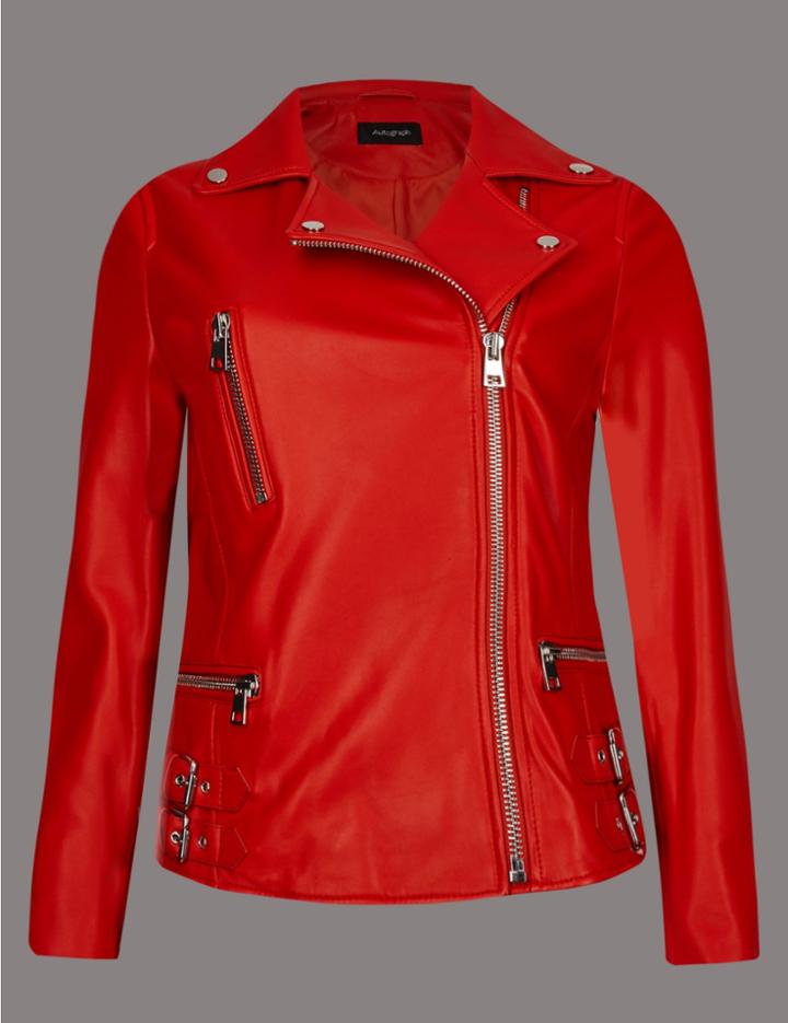 Marks & Spencer Leather Biker Coat Poppy