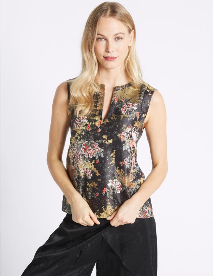 Marks & Spencer Jacquard Wrap Notch Neck Shell Top Black Mix