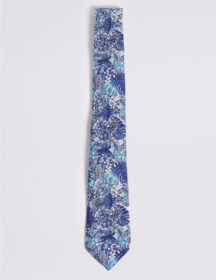 Marks & Spencer Pure Silk Tropical Leaf Print Tie Blue Mix