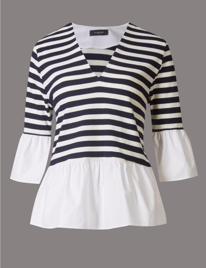 Marks & Spencer Striped V-neck 3/4 Sleeve Jersey Top Navy Mix