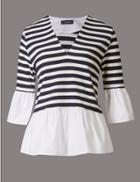 Marks & Spencer Striped V-neck 3/4 Sleeve Jersey Top Navy Mix