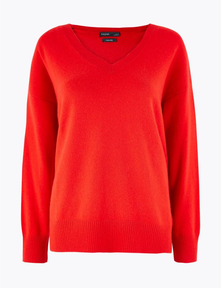 Marks & Spencer Pure Cashmere V-neck Jumper Medium Red