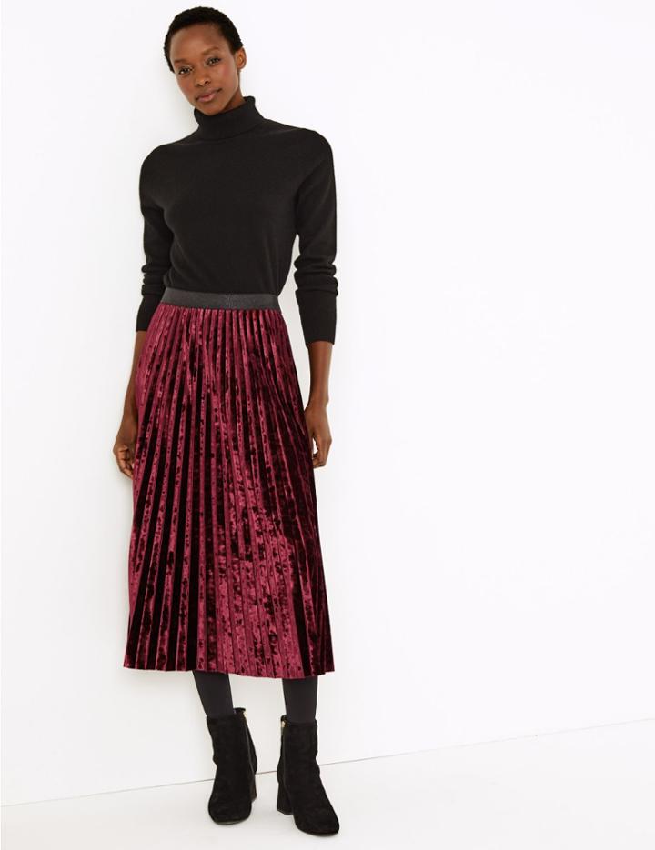 Marks & Spencer Velvet Pleated Midi Skirt Claret