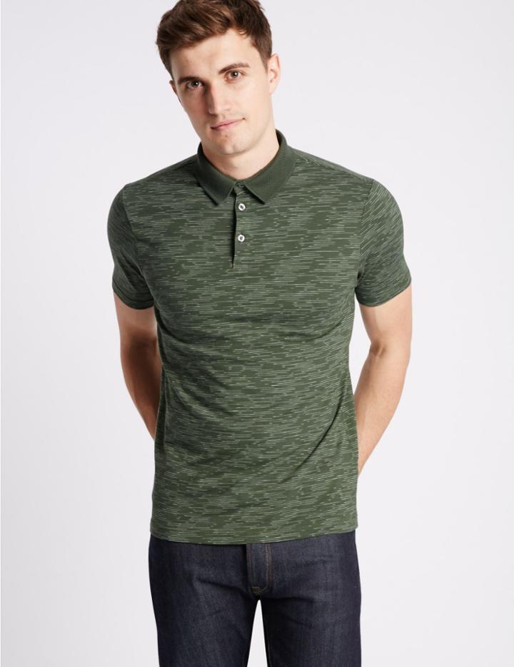 Marks & Spencer Pure Cotton Striped Polo Shirt Medium Green
