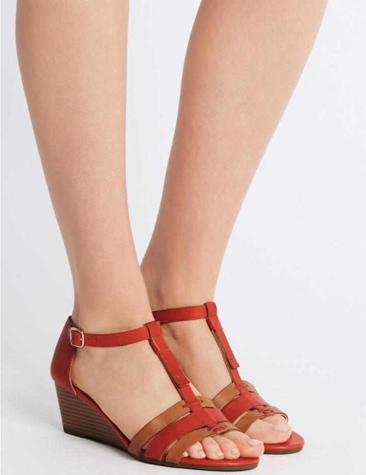 Marks & Spencer Wide Fit Leather Wedge Sandals Flame