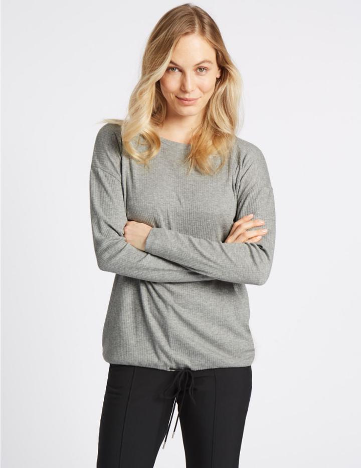 Marks & Spencer Ribbed Tie Front Long Sleeve T-shirt Grey Marl