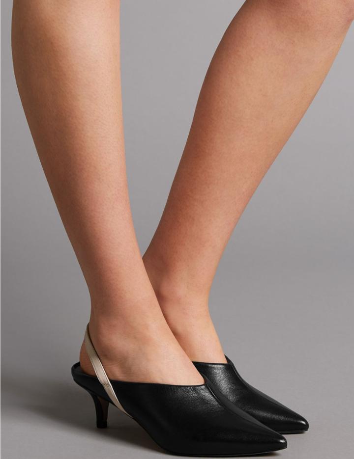 Marks & Spencer Leather Kitten Heel Slingback Court Shoes Black