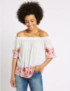 Marks & Spencer Embroidered 3/4 Sleeve Bardot Top White Mix