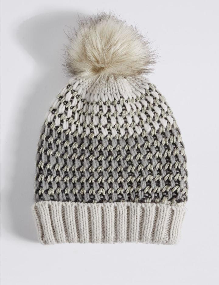 Marks & Spencer Textured Sparkle Pom Hat Silver Mix