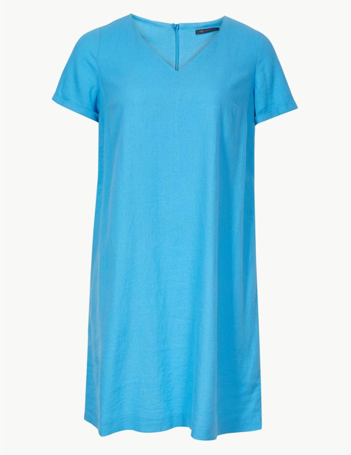 Marks & Spencer Curve Linen Rich Short Sleeve Shift Dress Blue