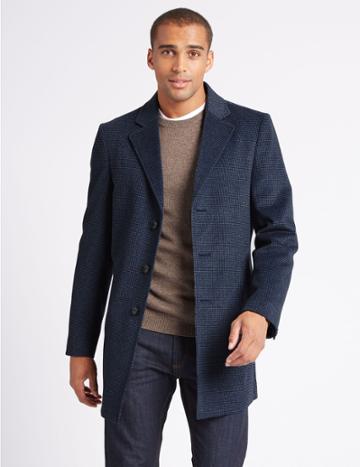 Marks & Spencer Wool Blend Revere Overcoat Blue Mix