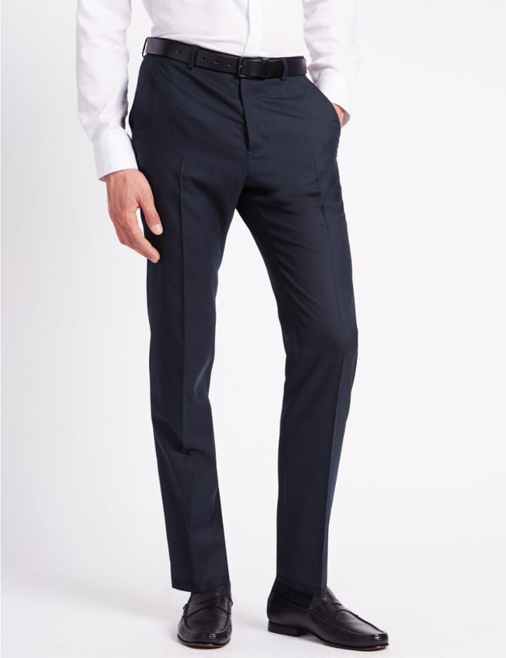 Marks & Spencer Flat Front Trousers With Wool Navy
