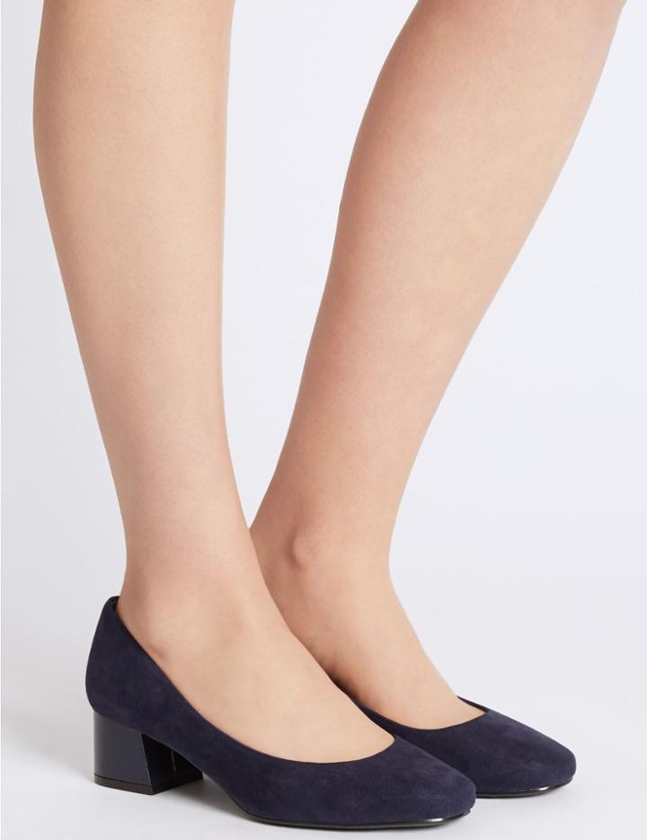 Marks & Spencer Wide Fit Block Heel Court Shoes Navy