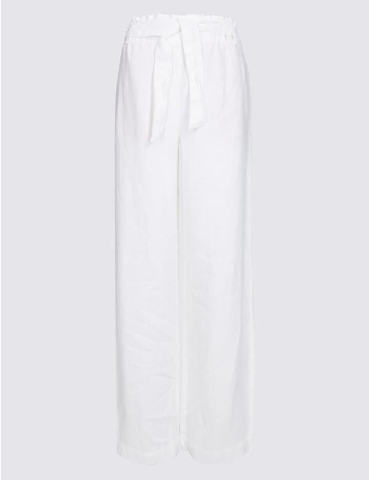 Marks & Spencer Pure Linen Wide Leg Flared Trousers Soft White