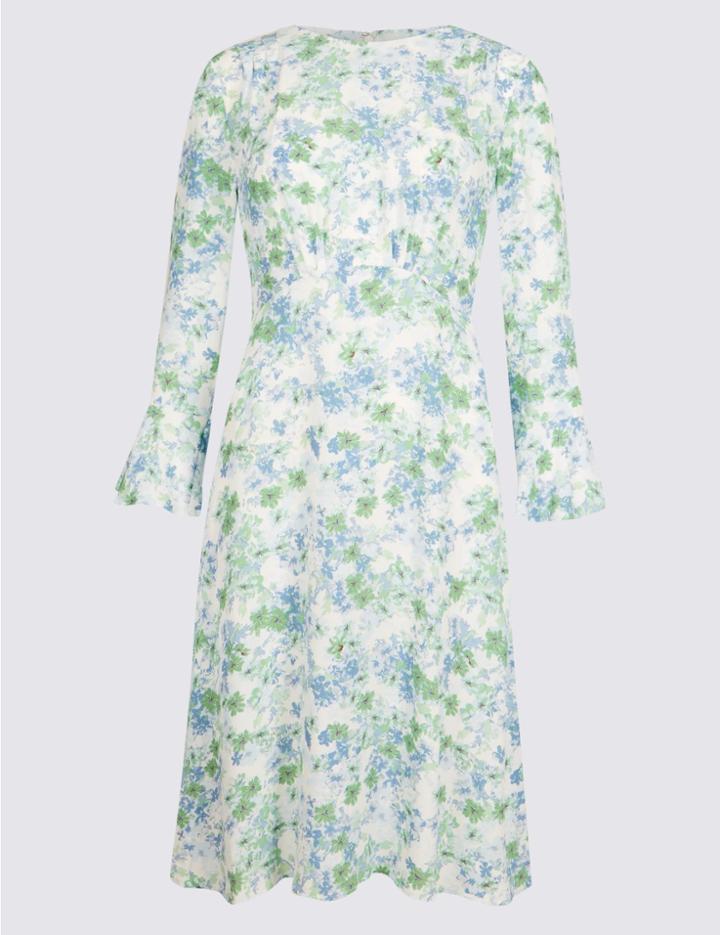 Marks & Spencer Floral Print Long Sleeve Tea Dress Blue Mix