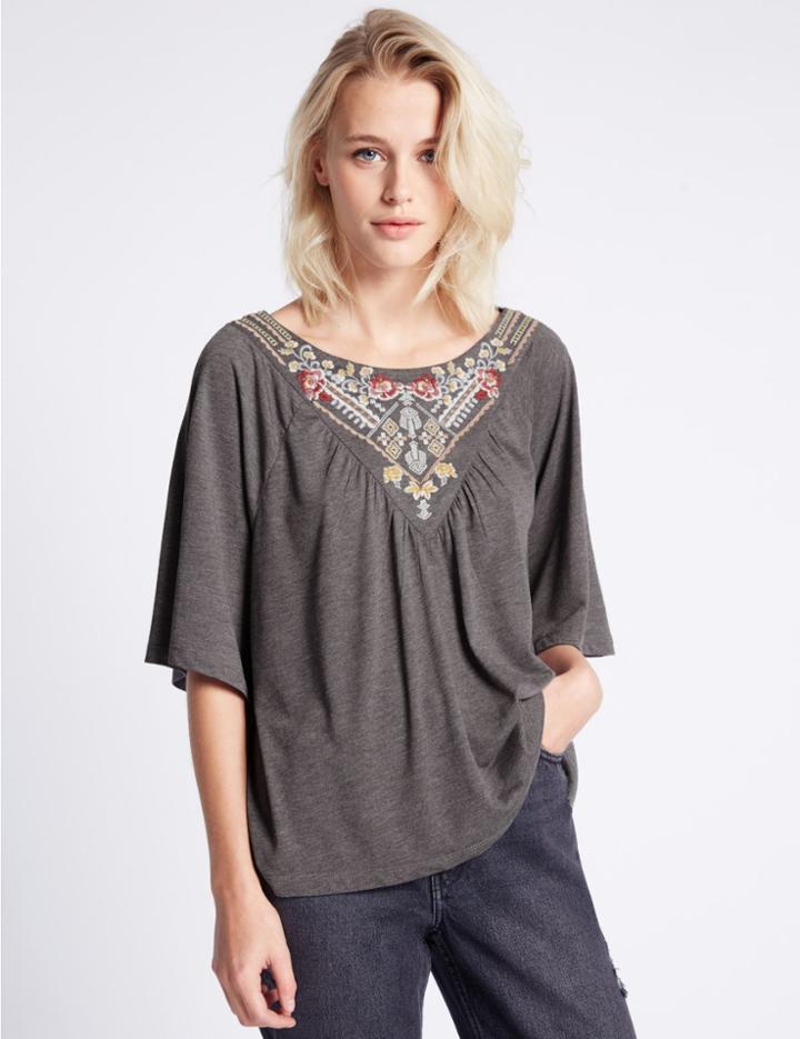 Marks & Spencer Embroidered Half Sleeve Jersey Top Grey Mix