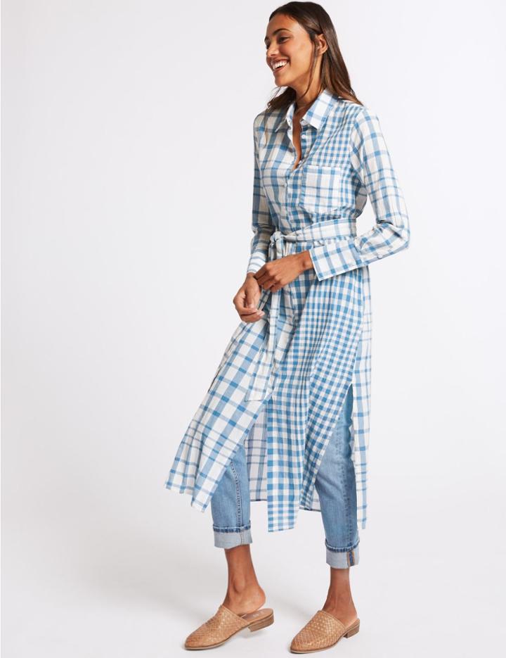 Marks & Spencer Pure Cotton Checked Shift Maxi Dress Blue Mix