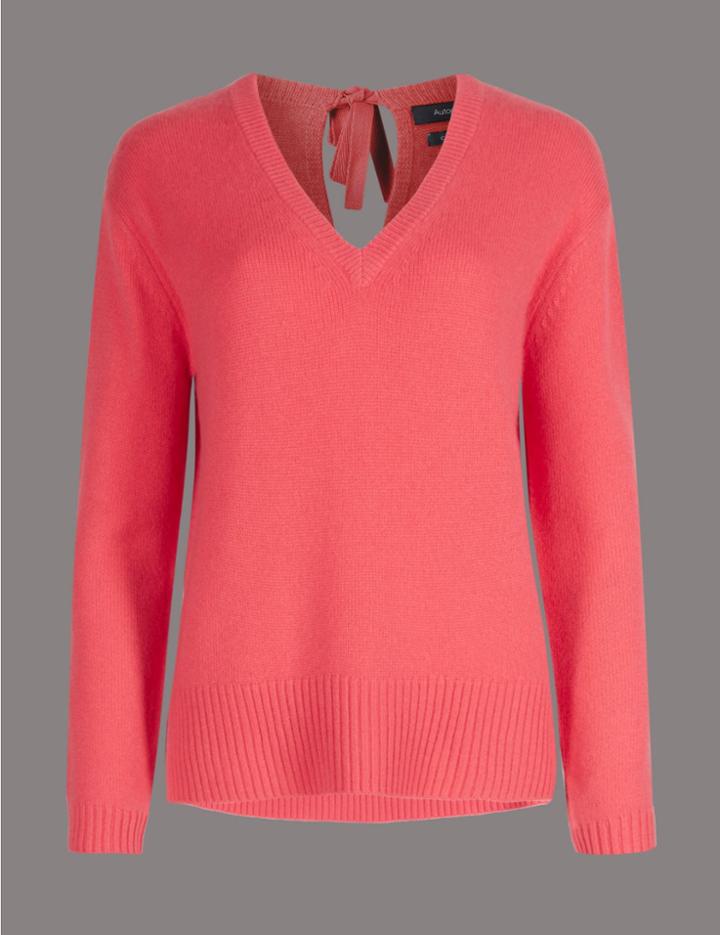 Marks & Spencer Pure Cashmere Bow Back V-neck Jumper Pink Mix