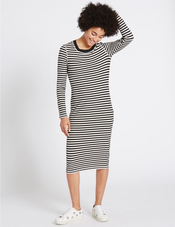 Marks & Spencer Striped Button Cuff Bodycon Midi Dress Navy Mix