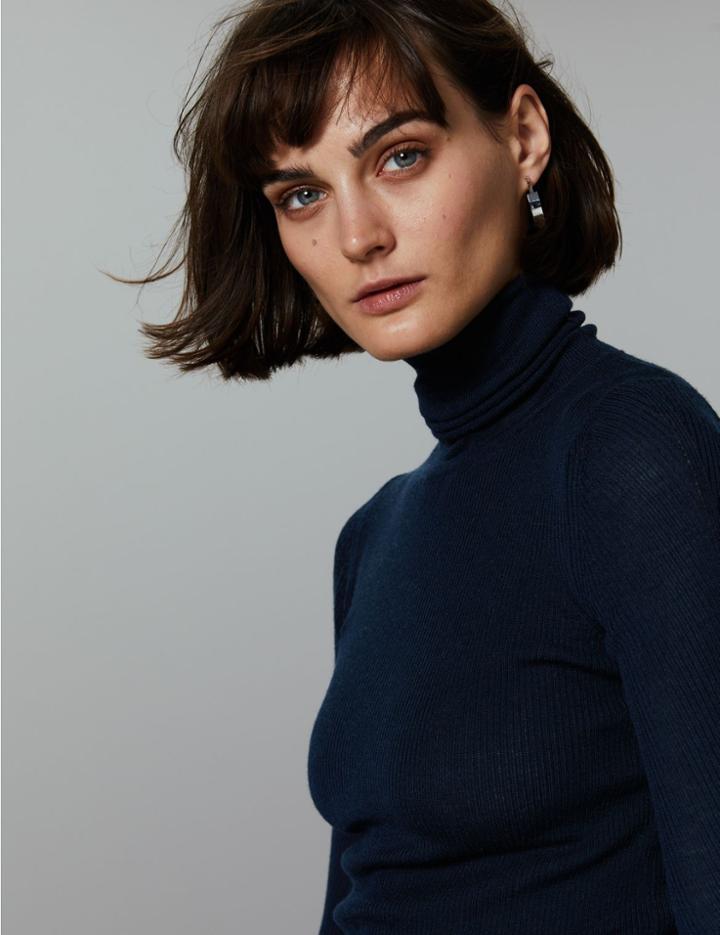 Marks & Spencer Pure Merino Textured Roll Neck Jumper Dark Navy