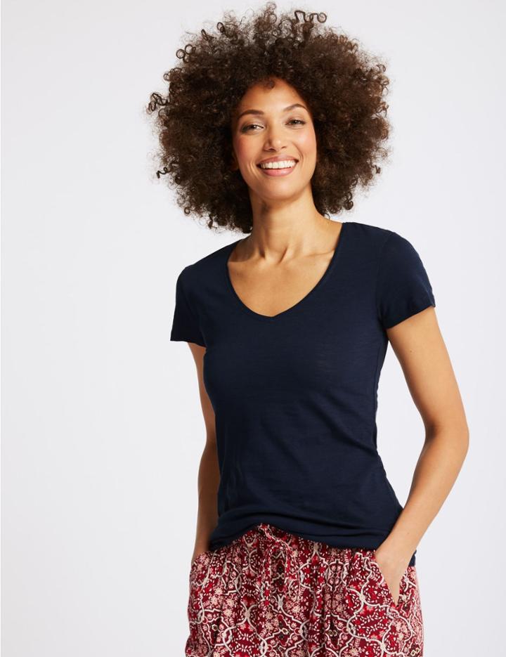 Marks & Spencer Pure Cotton Lightweight V-neck T-shirt Navy