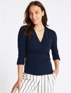 Marks & Spencer Textured V-neck 3/4 Sleeve Top Navy