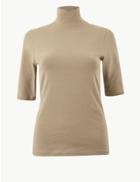 Marks & Spencer High Neck Short Sleeve T-shirt Light Buff