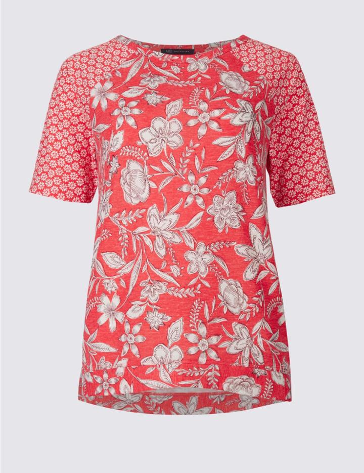 Marks & Spencer Floral Print Raglan Short Sleeve T-shirt Coral Mix
