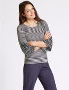 Marks & Spencer Pure Cotton Striped Embroidered Jersey Top Navy Mix