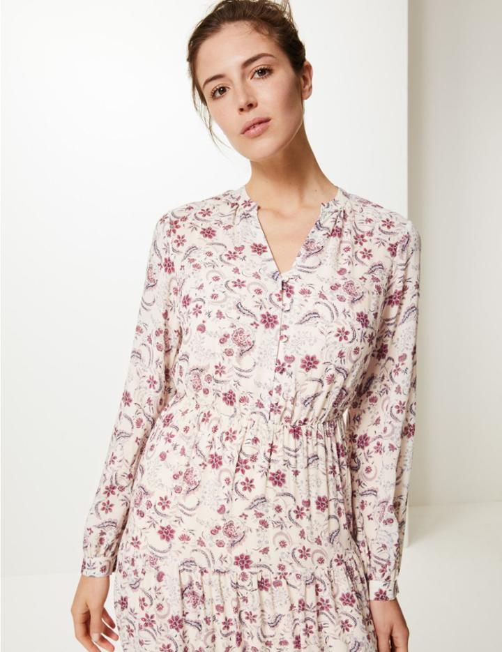 Marks & Spencer Floral Print Waisted Maxi Dress Ivory Mix