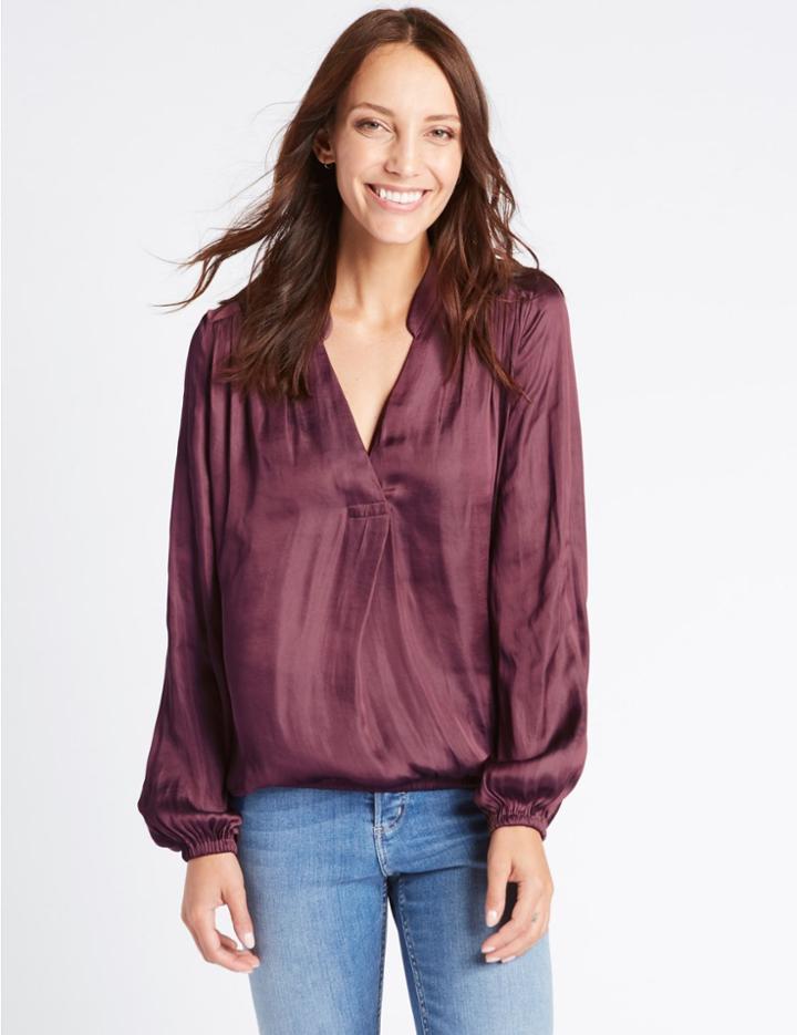 Marks & Spencer Popover Notch Neck Long Sleeve Blouse Mulberry