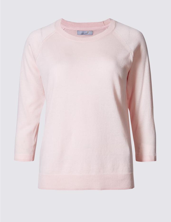 Marks & Spencer Pure Cotton Round Neck 3/4 Sleeve Jumper Powder Pink