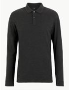 Marks & Spencer Cotton Long Sleeve Polo Shirt Dark Charcoal