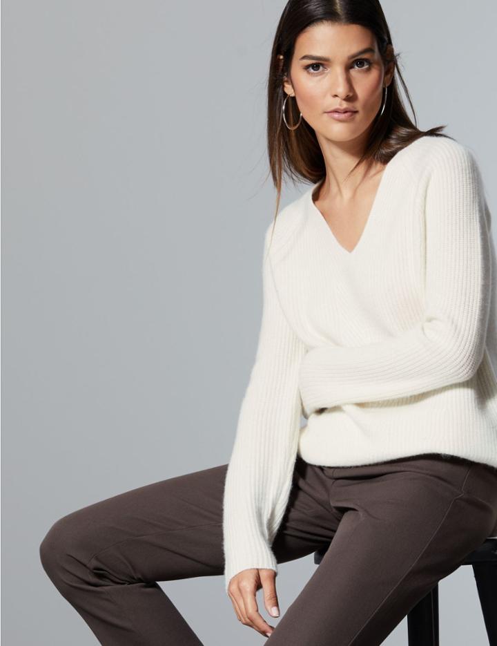 Marks & Spencer Pure Cashmere Ribbed V-neck Jumper Cream