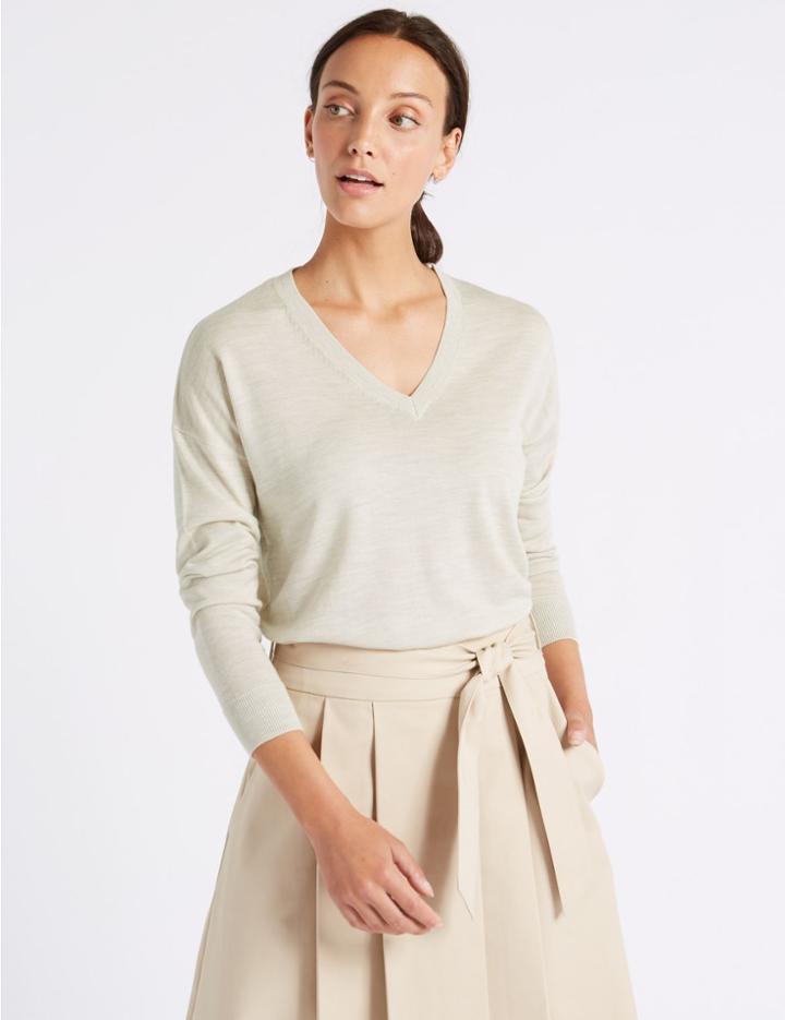 Marks & Spencer Pure Merino Wool V-neck Long Sleeve Jumper Oatmeal Mix