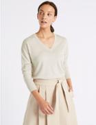 Marks & Spencer Pure Merino Wool V-neck Long Sleeve Jumper Oatmeal Mix