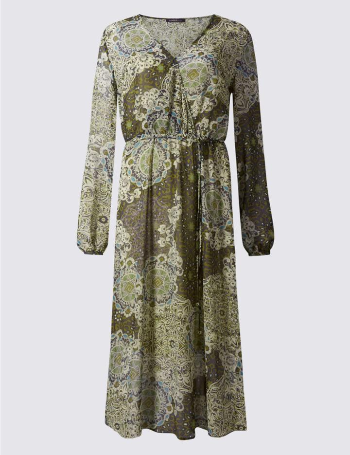 Marks & Spencer Printed Lined Midi Dress Green Mix