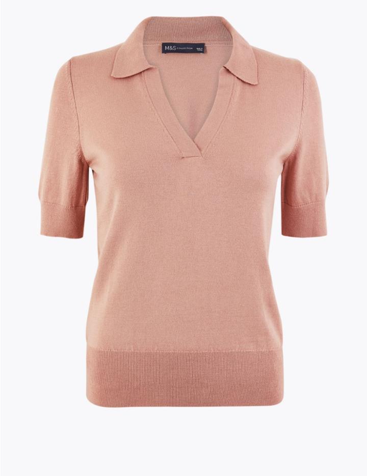 Marks & Spencer Collared Neck Short Sleeve Jumper Dusted Pink