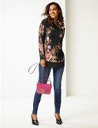 Marks & Spencer Floral Print Round Neck Long Sleeve Tunic Black Mix