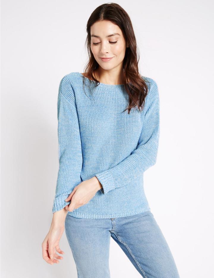 Marks & Spencer Pure Cotton Ribbed Slash Neck Jumper Blue Mix