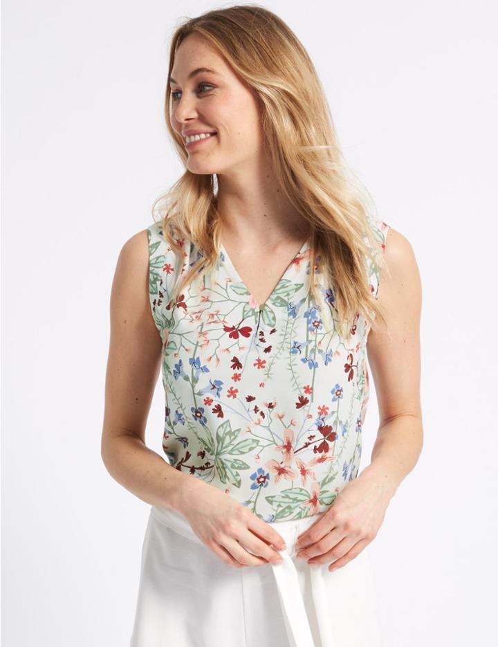Marks & Spencer Floral Print V-neck Shell Top Ivory Mix