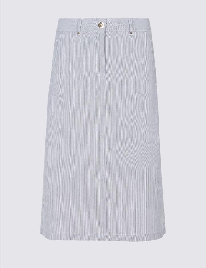 Marks & Spencer Cotton Rich Striped Pencil Skirt Navy Mix