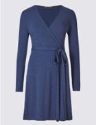 Marks & Spencer Petite Wrap Skater Dress With Belt Blue Marl