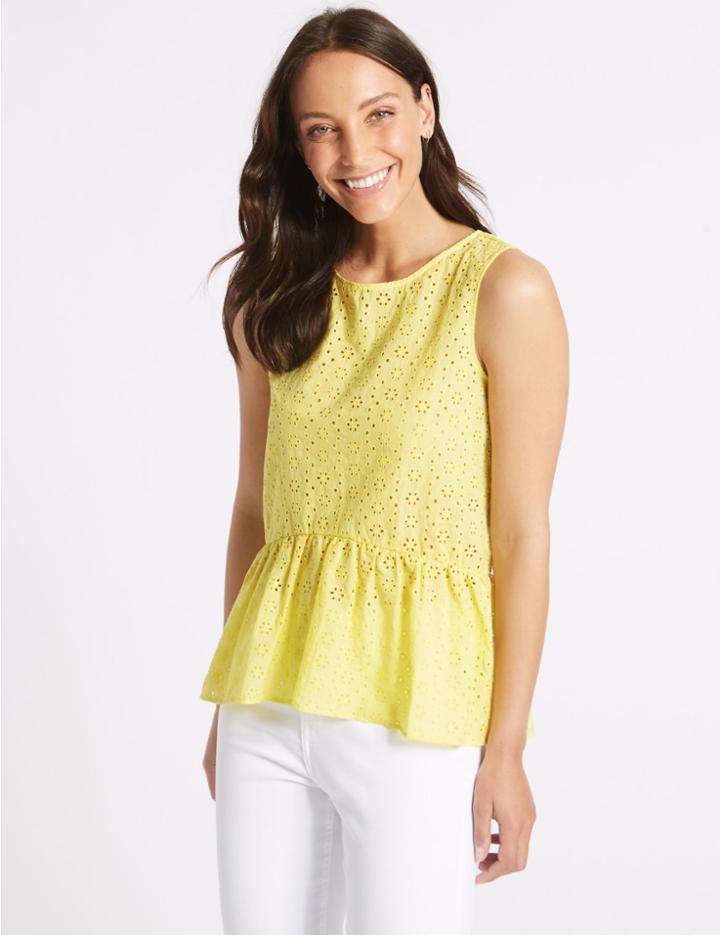 Marks & Spencer Cotton Rich Broderie Round Neck Blouse Mimosa