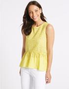 Marks & Spencer Cotton Rich Broderie Round Neck Blouse Mimosa