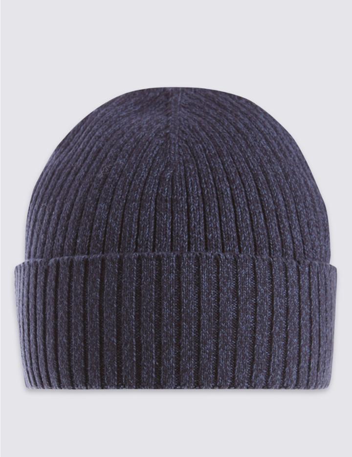 Marks & Spencer Pure Cotton Knitted Beanie Hat With Staynew&trade; Navy