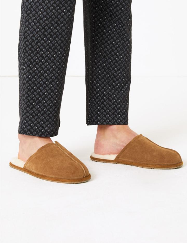 Marks & Spencer Suede Shearling Lined Mule Slippers Tan