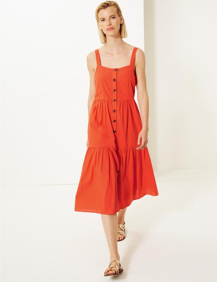 Marks & Spencer Pure Cotton Button Detailed Slip Midi Dress Mango