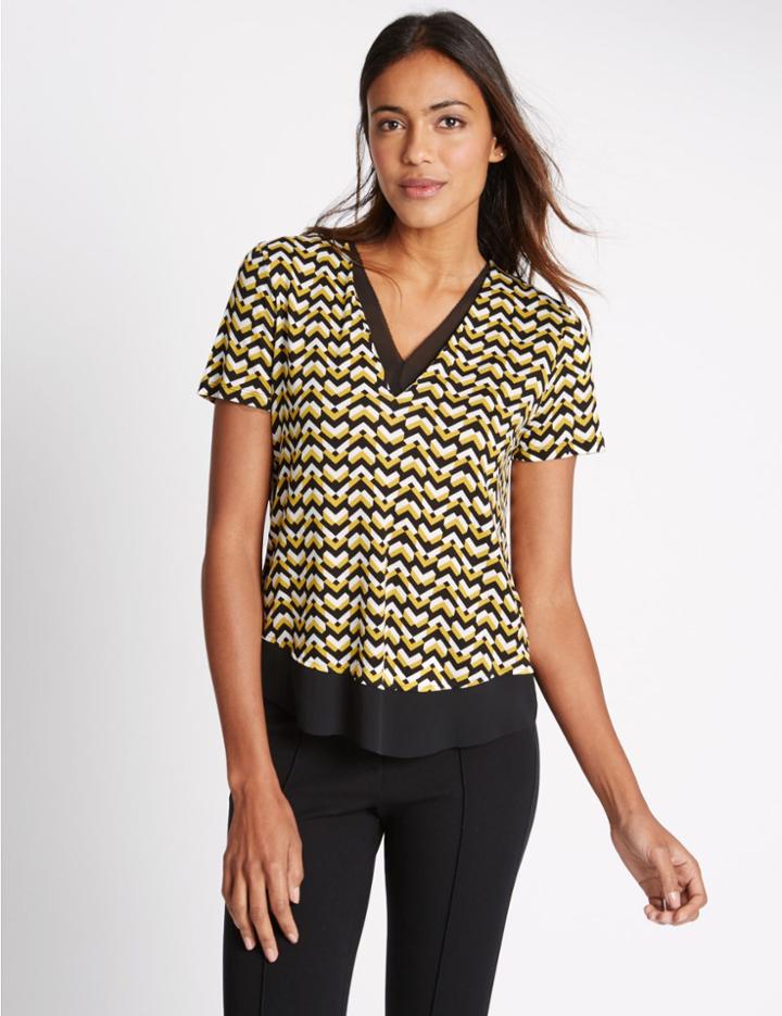 Marks & Spencer Chevron Print Short Sleeve Jersey Top Yellow Mix