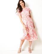 Marks & Spencer Floral Print Short Sleeve Waisted Midi Dress Ivory Mix